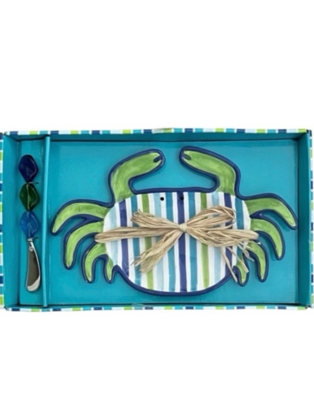 Mud Pie Blue Green and White Green Ceramic Crab Cheese Tray and Spreader
